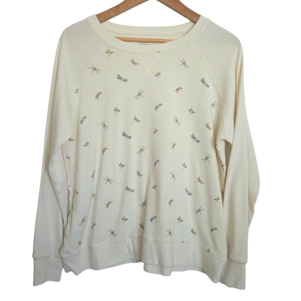 Eddie Bauer Dragonfly Print Yellow Cream Sweatshirt Comfy Cottage Whimsy XL